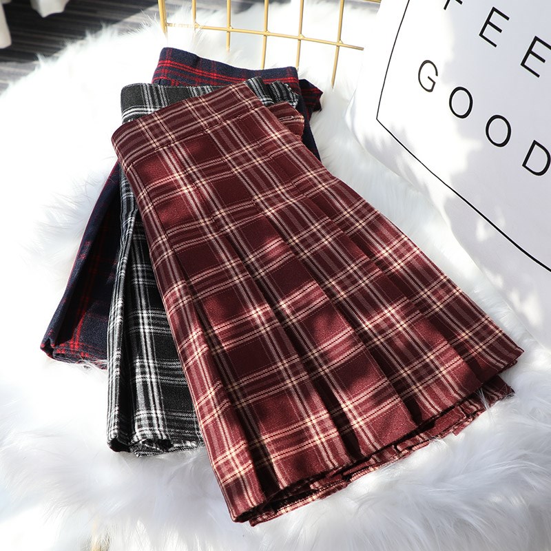 黑白格子百褶裙女春秋款高腰复古磨毛呢a字半身裙显瘦格纹短裙裤