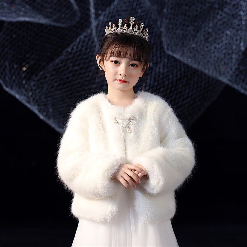 儿童披风斗篷秋冬花童礼服公主裙长袖保暖外套白色女童加厚毛披肩