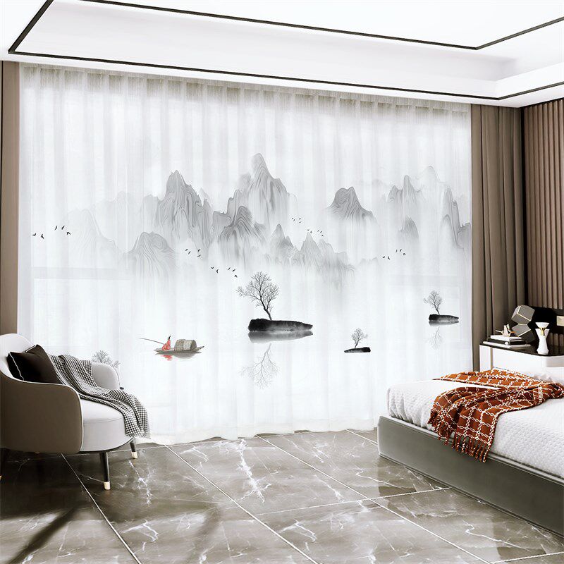 新中式窗帘遮光2024新款纱帘中国风景山水画水墨花鸟客厅高端窗纱