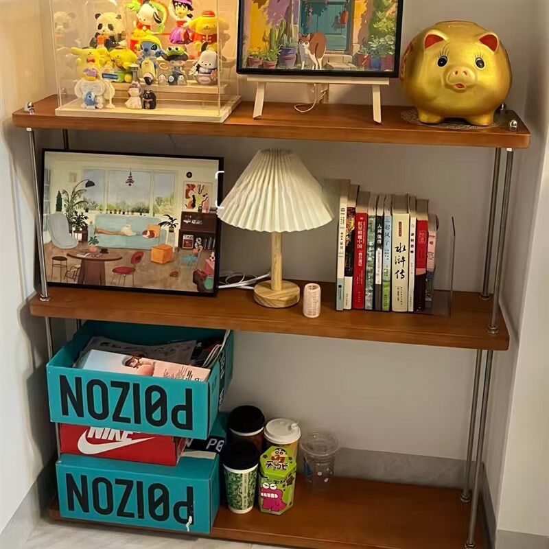 中古风实木铁艺置物架多层卧室落地复古书架客厅阳台收纳组合花架