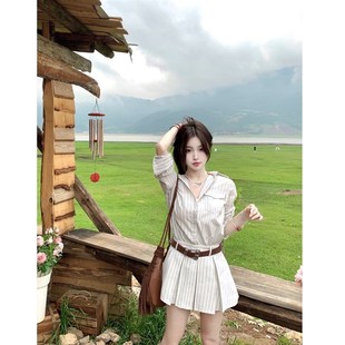 长袖条纹衬衫连衣裙子女装春秋2024新款高级感旅游早秋搭配一整套