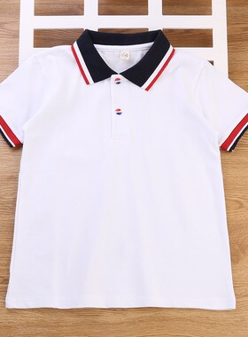 学生校园服白色POLO衫T恤夏季中小学生校服短袖宝蓝领子透气上衣