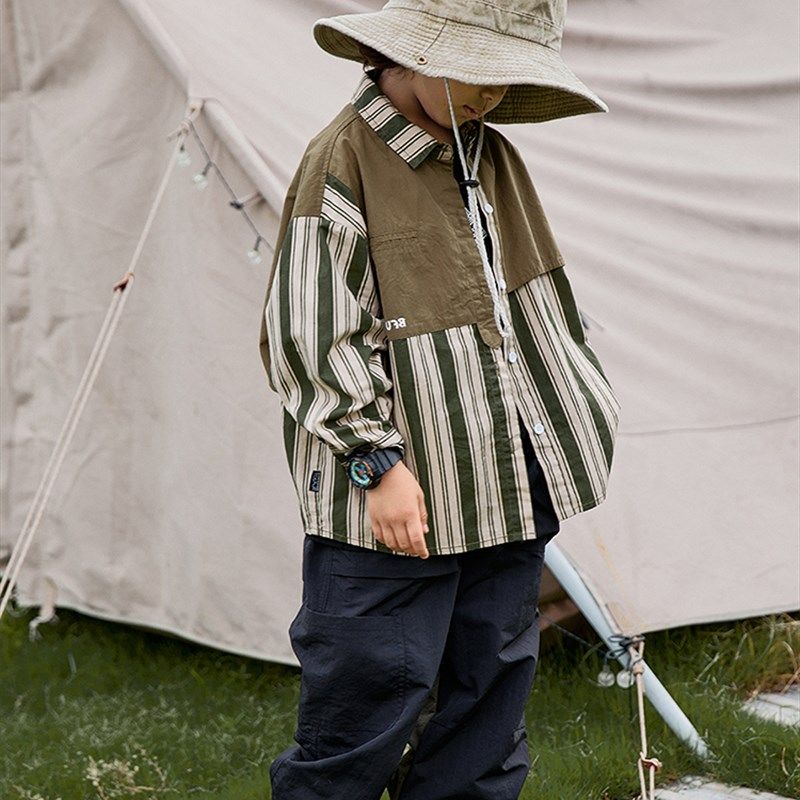 男童长袖衬衫童装秋季儿童时髦工装条纹衬衣男孩宽松拼色上衣外套,童装/婴儿装/亲子装,衬衫,淘宝优惠券,粉丝福利购,淘宝优惠卷