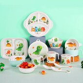 小恐龙儿童餐具家用卡通碗勺套装 密胺小孩吃饭专用碗宝宝餐盘水杯