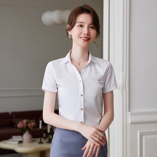 衬衫女夏款外穿蓝色短袖雪纺显瘦薄款工作服职业装气质夏正装衬衣