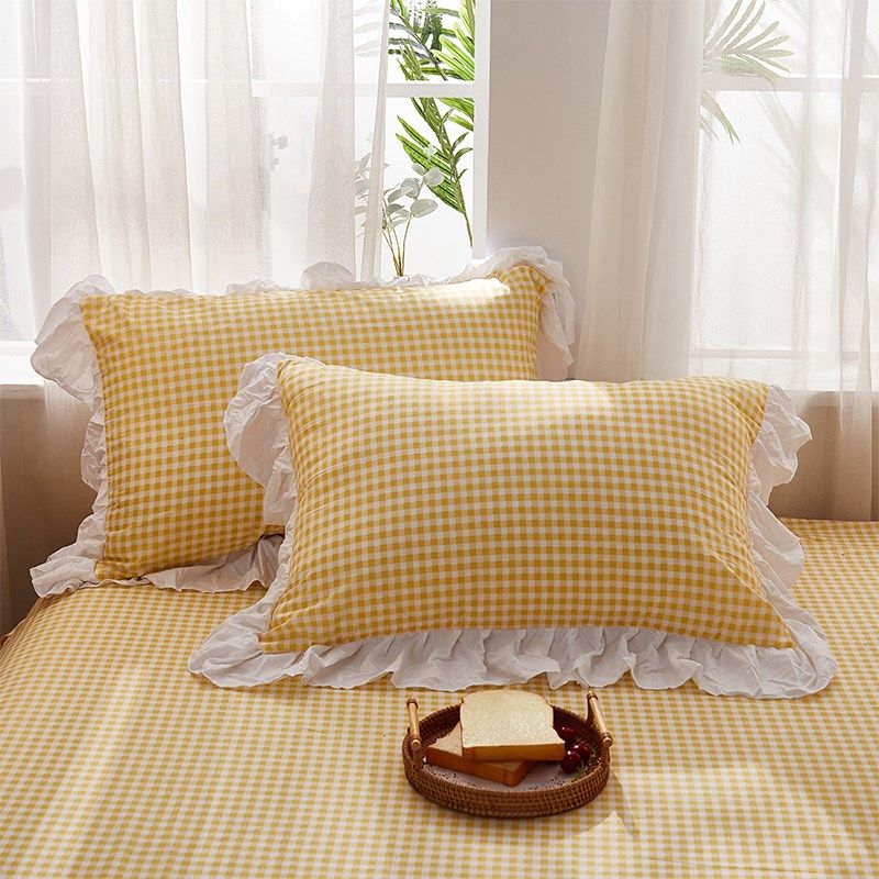 柠萌黄格子全棉水洗棉枕套一对装荷叶花边单人枕芯套48*74cm枕皮
