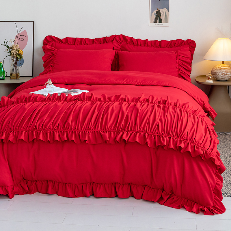 韩式花边公主风婚庆四件组结婚红色少女床单被套床裙新婚婚礼喜被