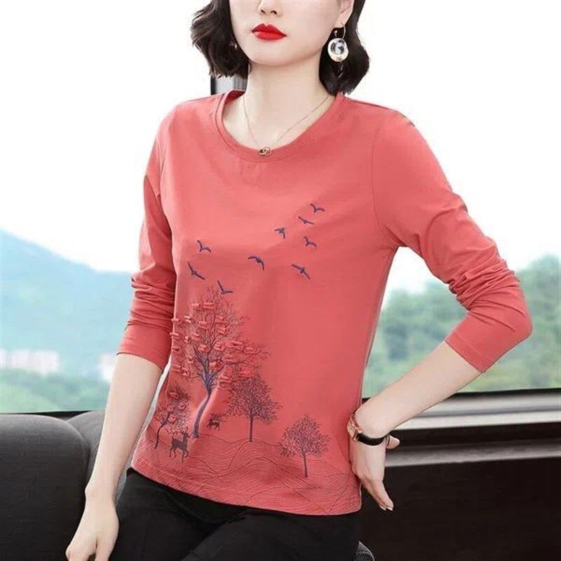 妈妈丅血打底衫加大码女装春秋衣外穿中年上衣服宽松纯棉长袖t恤