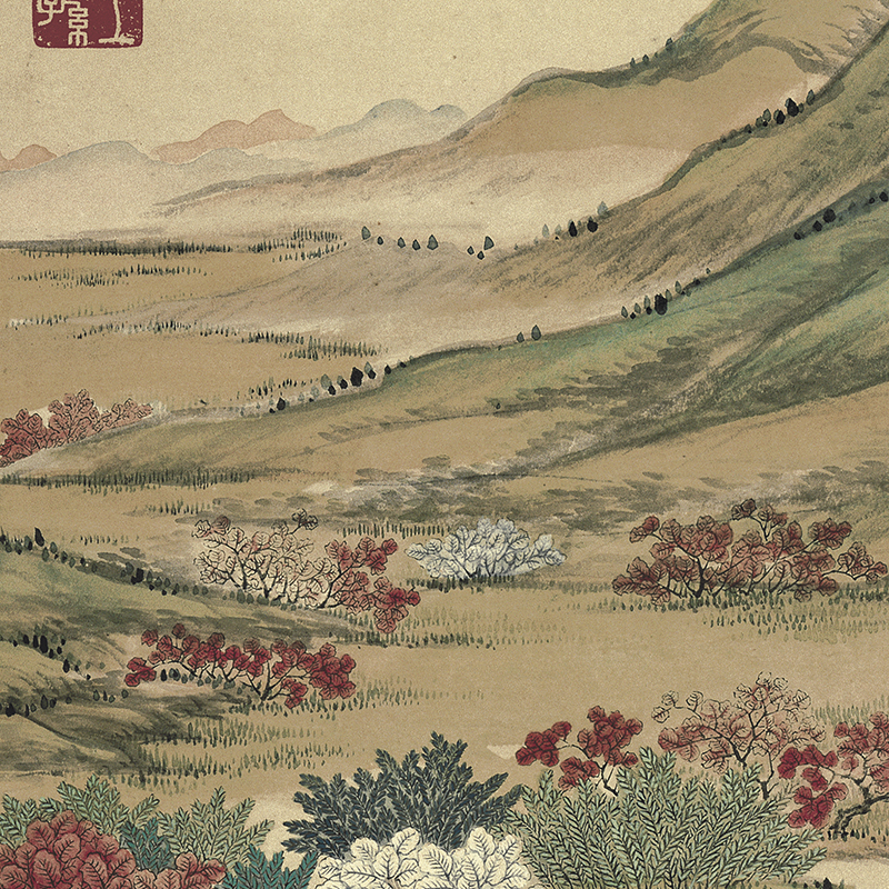 清 关槐 上塞锦林图山水重彩青绿国画竖幅客厅装饰画挂画微喷复制