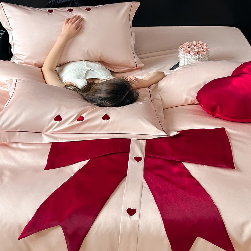 高级感蝴蝶结100s长绒棉四件套粉色全棉被套乔迁送礼纯棉陪嫁床品