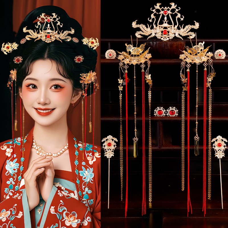 古风头饰头冠长流苏步摇女复古发冠发钗汉服配饰红色全套套装发饰