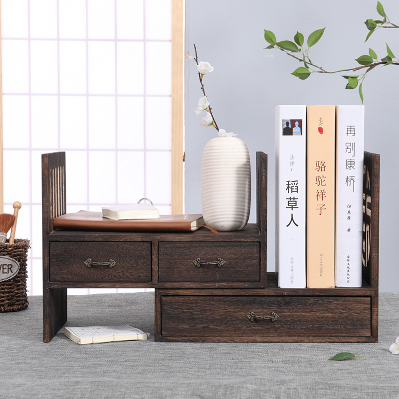 老憨实木桌面收纳架学生书桌桌上小书架飘窗收纳书V柜组合整理盒