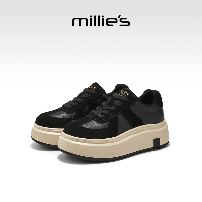 MILLIE'S/妙丽黑色加绒休闲板鞋女款2026新款冬季厚底松糕鞋棉鞋
