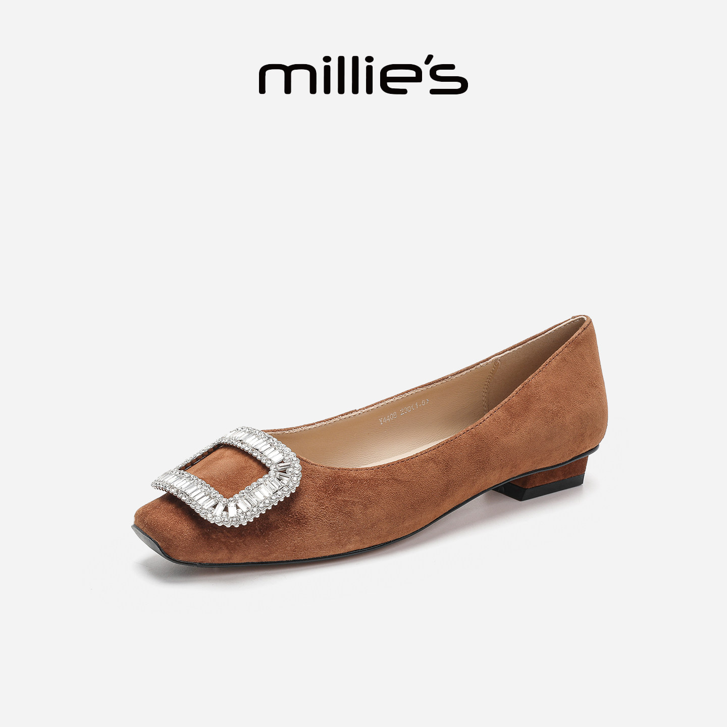 MILLIE'S/妙丽绒面水钻方扣时装鞋2026秋季新款方头粗跟浅口单鞋