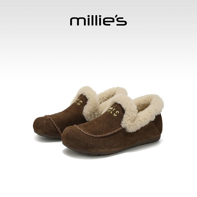 MILLIE'S/妙丽加绒勃肯棉鞋女冬季2026新款内增高毛毛鞋豆豆鞋子