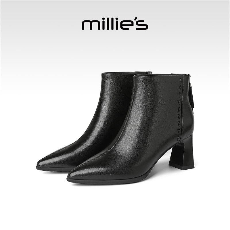 MILLIE'S/妙丽高跟短靴女冬季加绒2026新款尖头粗跟高跟鞋踝靴子