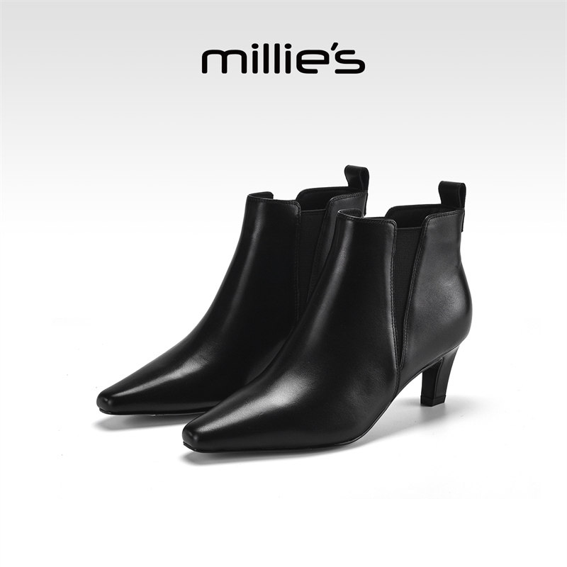 MILLIE'S/妙丽尖头短靴女款2026新款黑色真皮瘦瘦靴粗跟轻奢踝靴