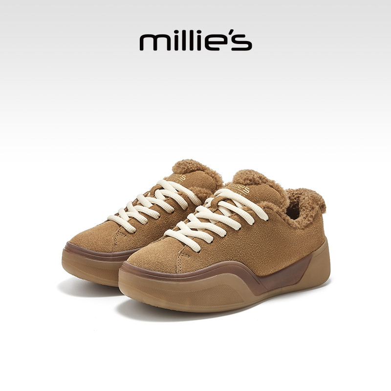 MILLIE'S/妙丽厚底面包鞋女冬季毛茸茸皮毛一体加绒保暖雪地靴YU