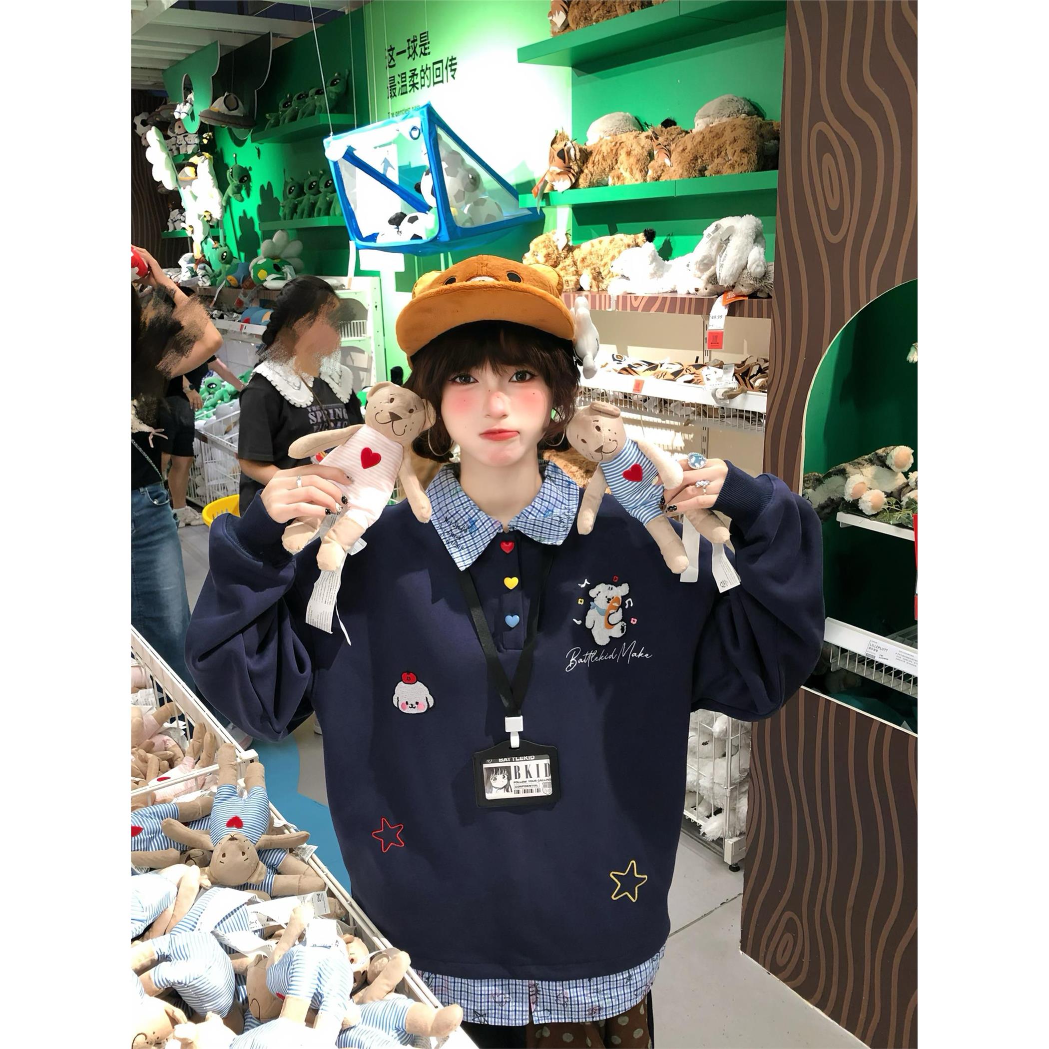 原创美式复古刺绣学院风假两件POLO领挂牌卫衣女秋季宽松情侣上衣