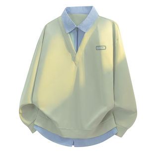 美式复古POLO衫男款秋冬季潮牌宽松半拉链卫衣男士撞色假两件T恤