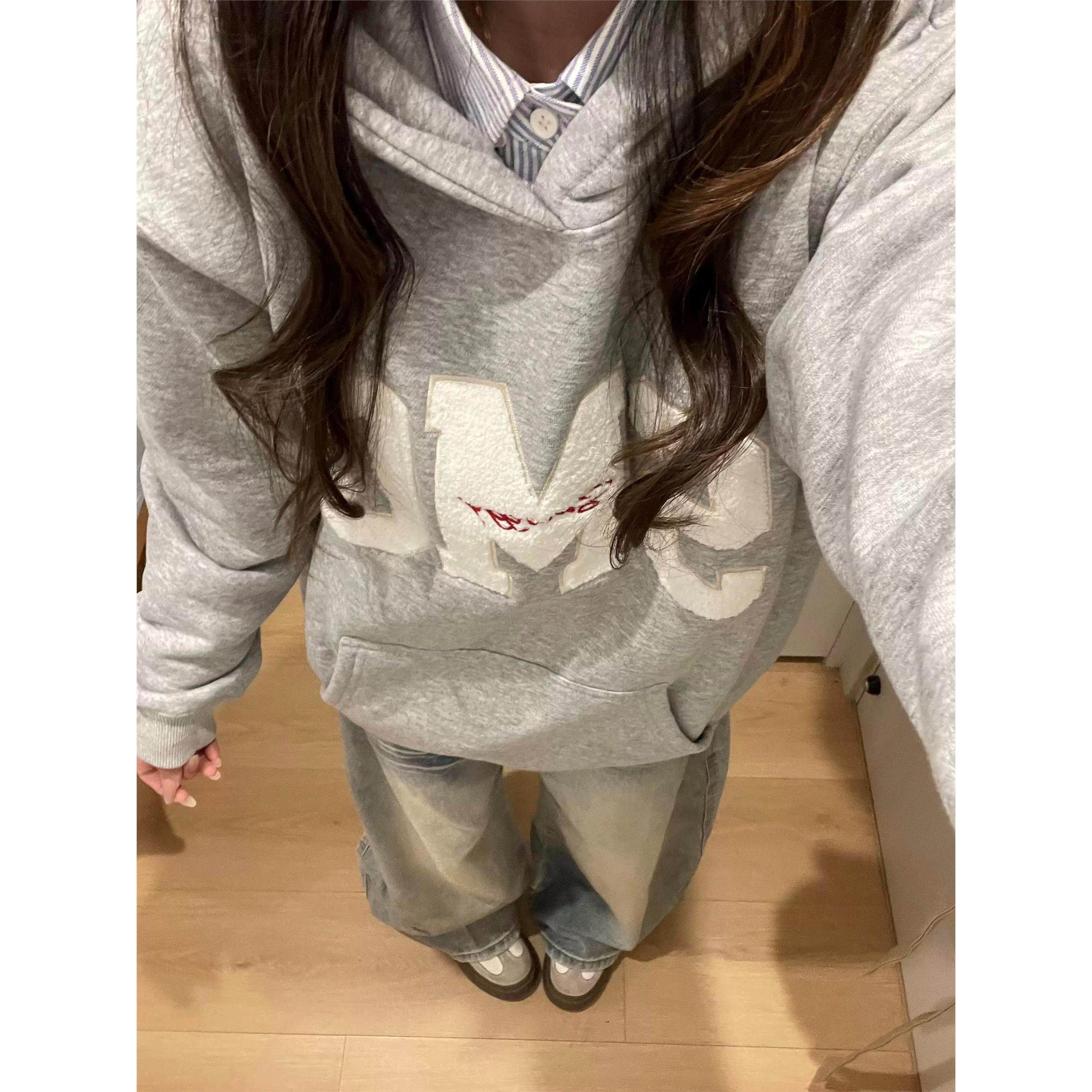 美式高街贴布字母刺绣连帽卫衣女秋冬宽松休闲慵懒风情侣外套上衣