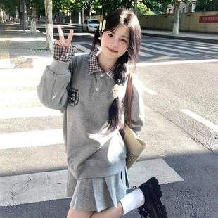 格纹拼接灰色刺绣徽章假两件polo衫卫衣女春秋新款覆古学院风上衣