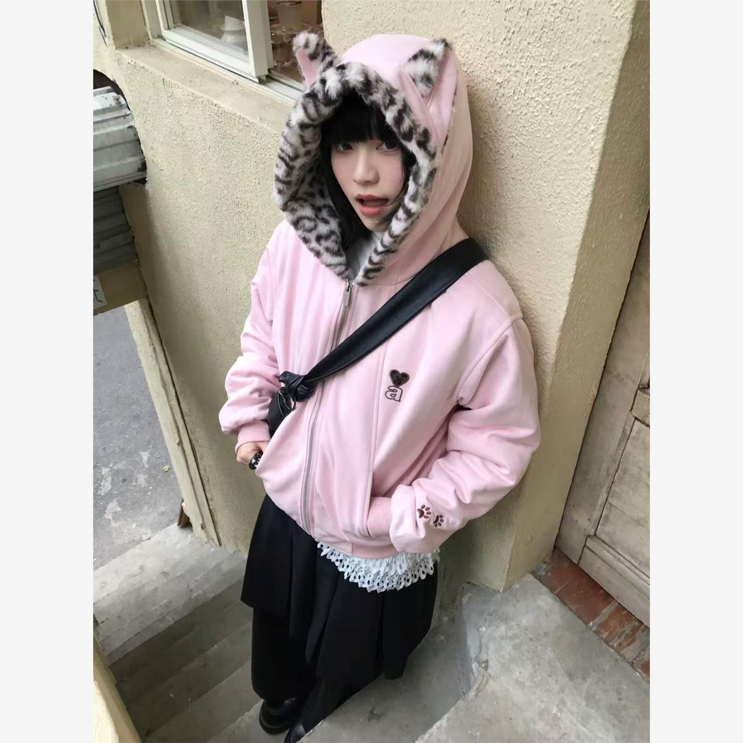 超好看兔耳朵加绒加厚连帽卫衣外套女2025秋冬新款连帽座山雕棉服