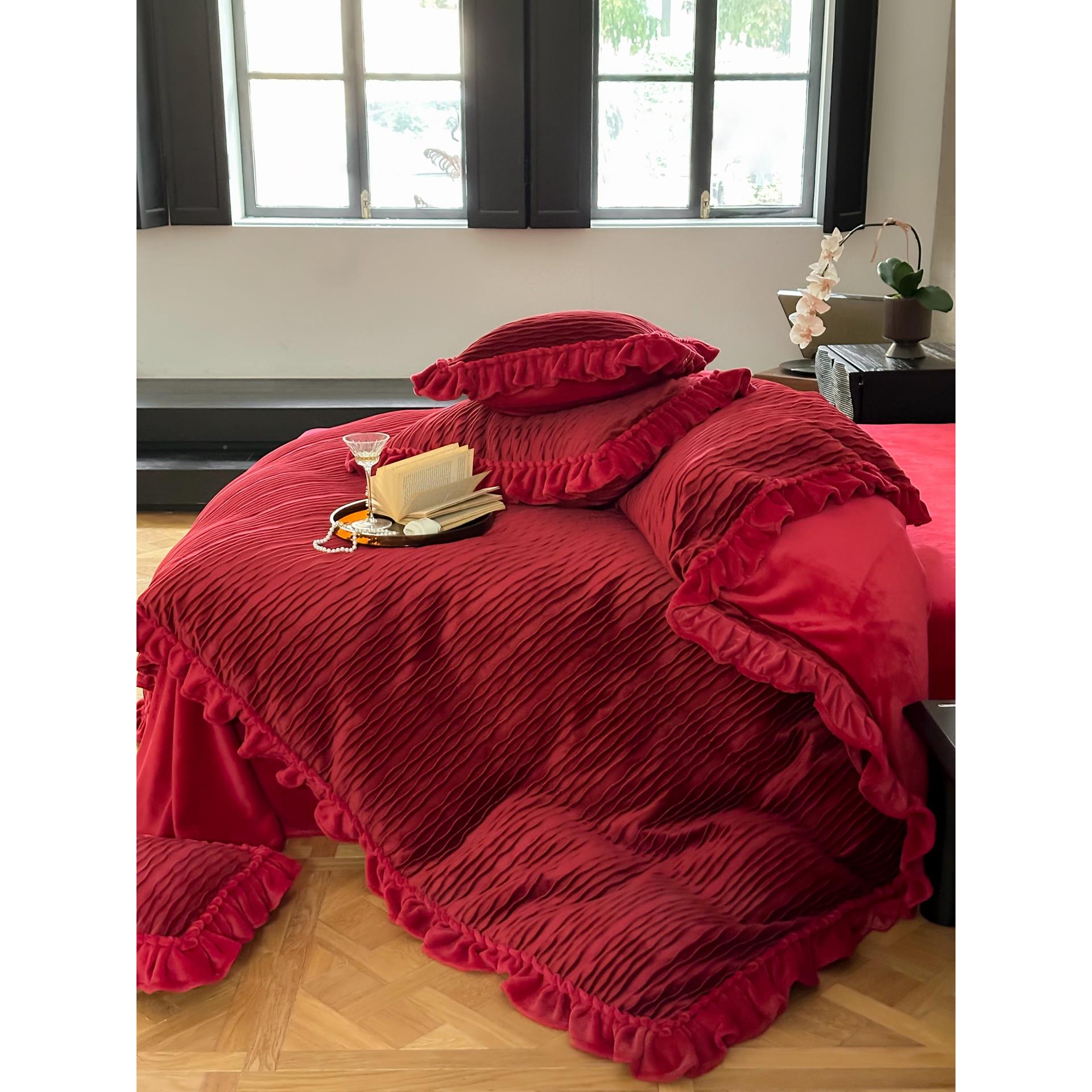 红花车牛奶绒婚庆四件套冬季婚婚YM6646被结套床单红色床喜庆嫁保