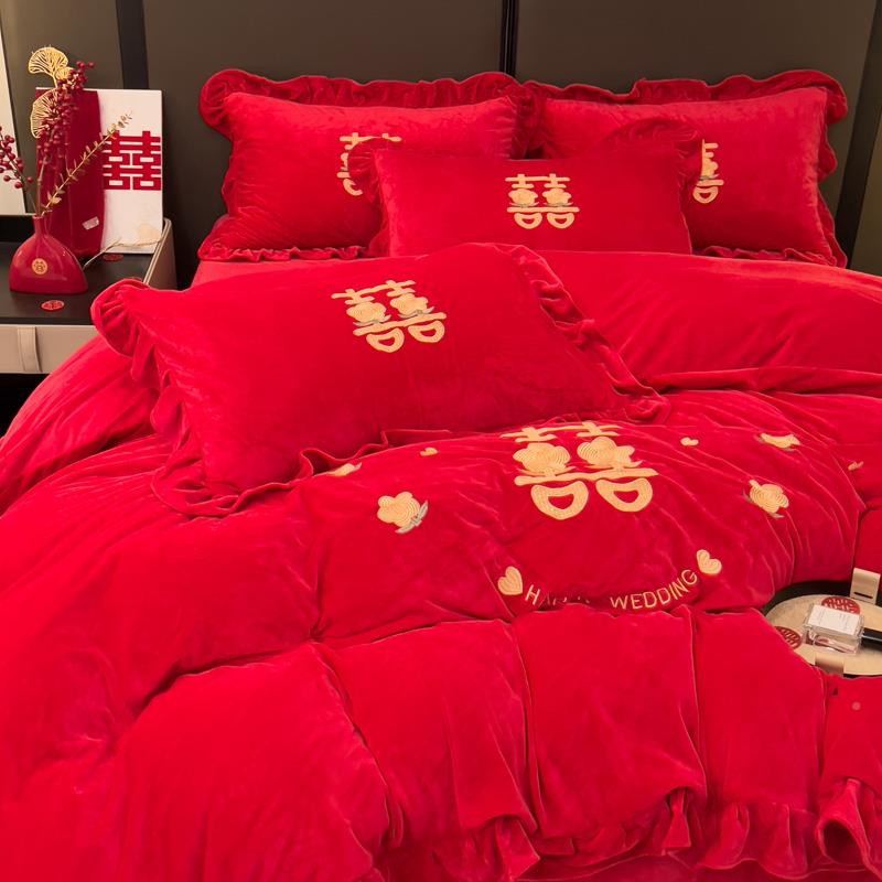 宝宝绒婚庆四件套大红加喜庆被套季牛奶绒96221新结婚冬房法兰绒