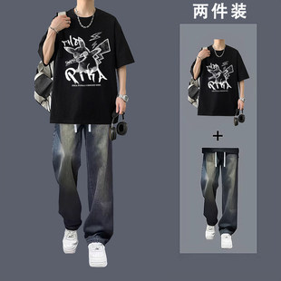 美式短袖T恤套装男高中初中生夏季ins青少年学生潮流嘻哈纯棉衣服