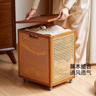 藤编衣脏篓家用带容盖收纳篮高颜卫生间脏衣篮730大量带轮衣服收
