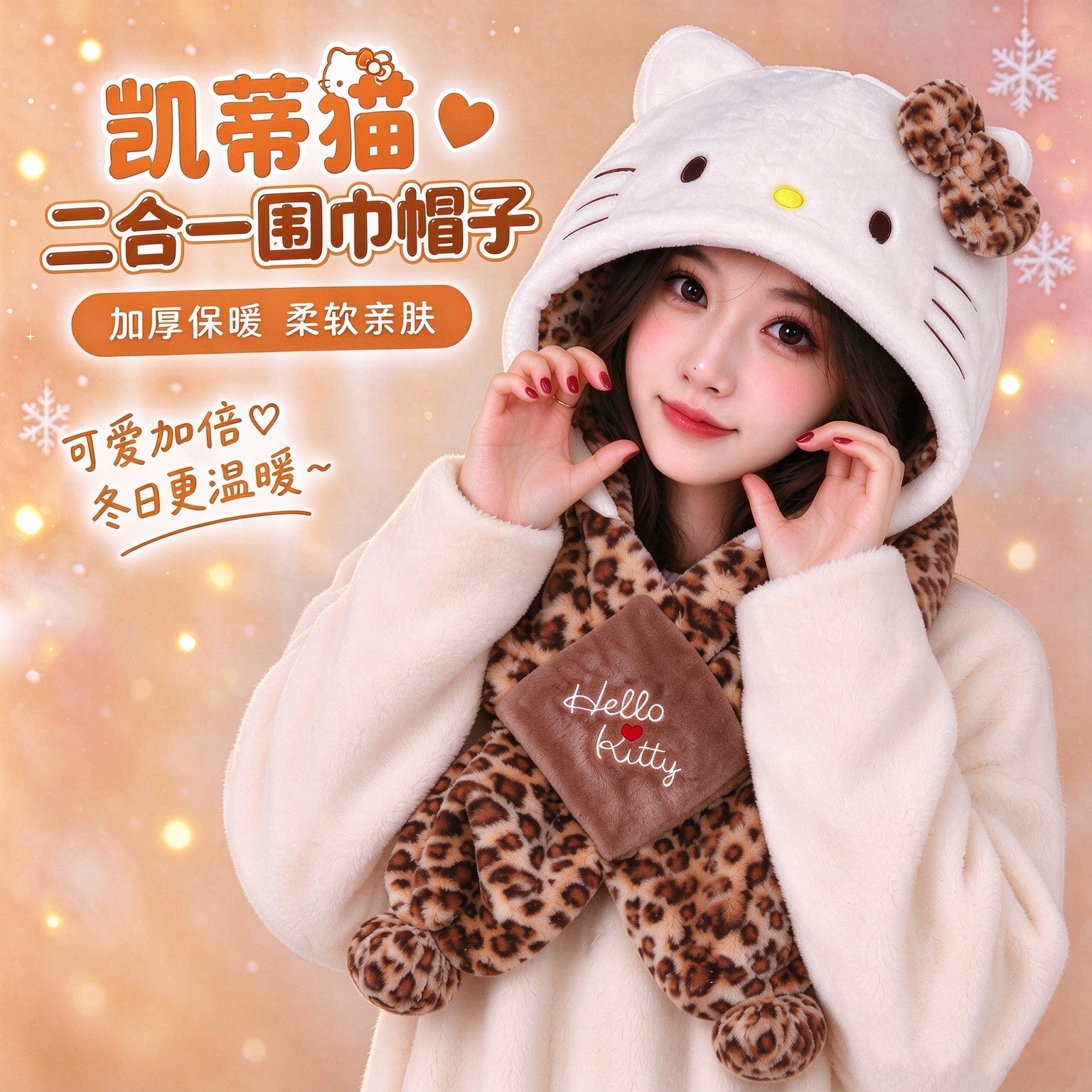 Hellokitty凯蒂猫围巾帽子二合一冬季豹纹毛绒保暖可爱防寒少女心