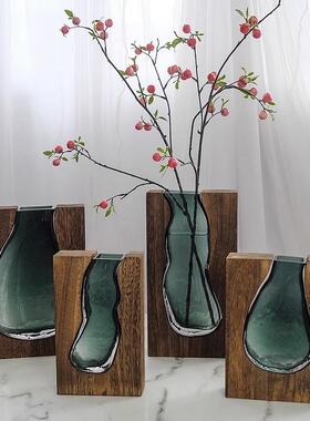 北欧原木红实木透明绿色玻璃瓶设计款花LG000080装师饰家居酒店板