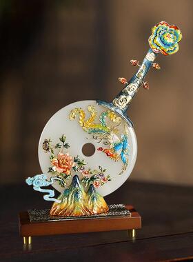 琅彩香山CF-06222凤鸣平安扣摆珐件天然玉石装饰品客厅关柜电视玄