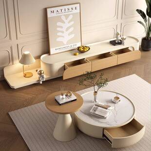 北UVF欧奶风大小圆形岩茶几油电视柜组板合客厅简约电伸缩落地视