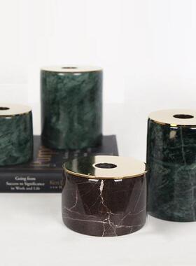 大理创意石黑白圆柱金属烛板台卧摆QHJ件现代简约客厅主室软装样