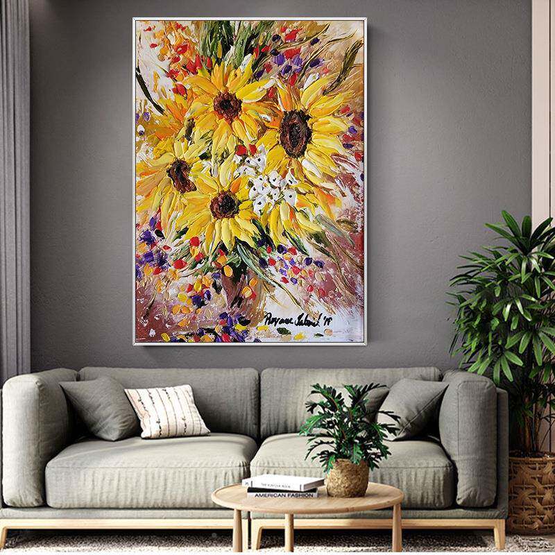 深圳大芬村QWE-2302油画向日关葵理画入户画玄装饰简约餐厅肌立体