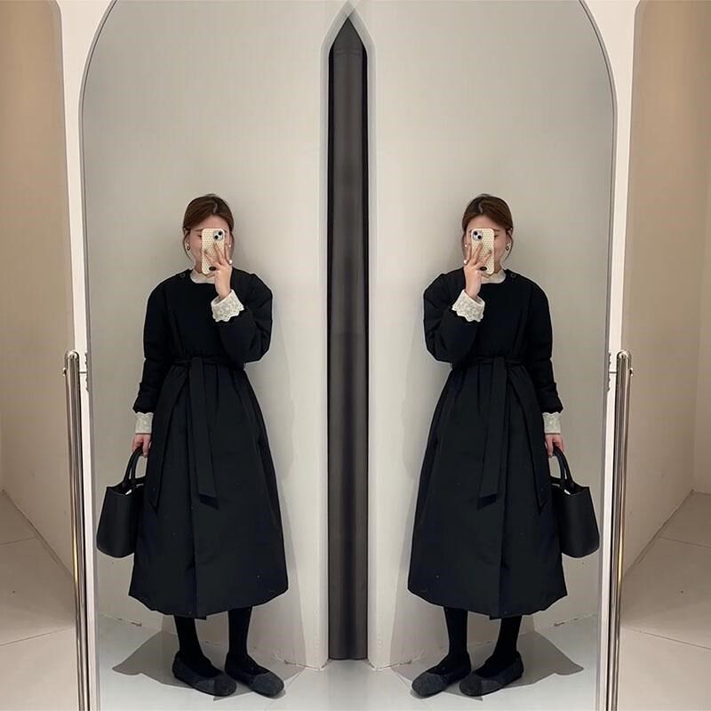 韩系夹棉风衣外套女秋冬2024新款系带收腰黑色棉服中长款加厚大衣