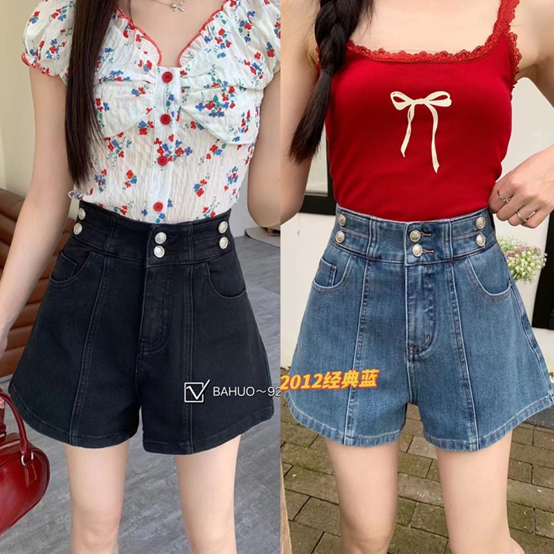 桐桐佳~经典纽扣高弹牛仔短裤女束腰显瘦四面弹裤头夏款芭惑92012