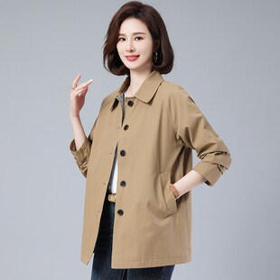 纯色减龄翻领外套 中年妈妈休闲大码 气质风衣女中长款 2024春秋新款