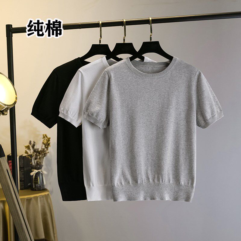 女针织衫罩衫纯棉圆领短袖套头全棉宽松大码线衣春秋毛衣线衫T恤图片