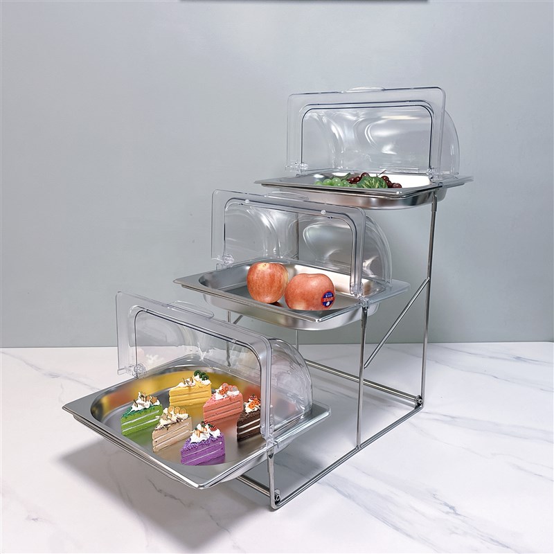三层不锈钢托盘带盖长方形水果盘子自助餐冷餐摆台凉菜熟食展示架