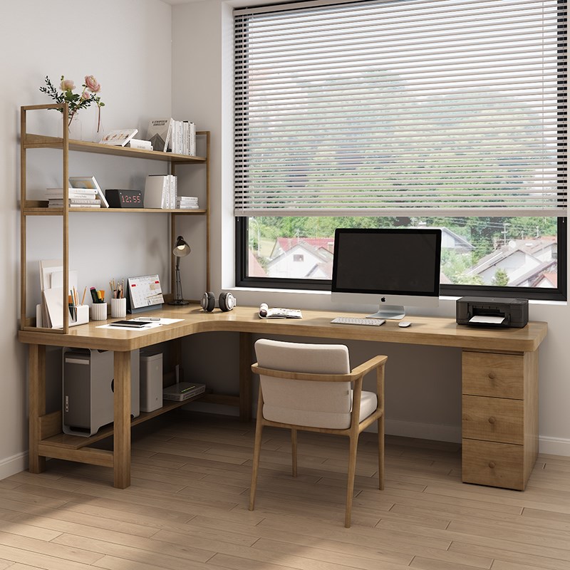 实木L型转角书桌书架一体桌简约工作台桌学习写字办公电脑桌