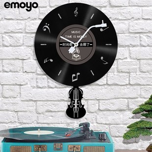 黑胶唱片音乐小提琴创意摇摆挂钟 时尚装饰钟表客厅卧室复古壁钟