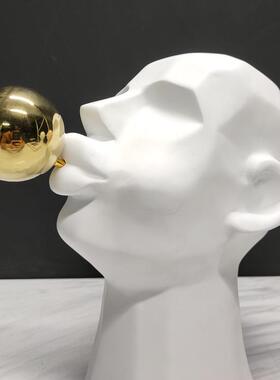 现简约黑白摆色树脂人物吹泡泡代抽象雕塑摆件样WUX板间家居装品