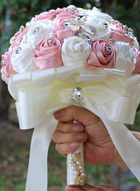 现货结道具金水钻新娘手花缎婚礼花束色丁玫瑰带手花捧W婚8W810B1