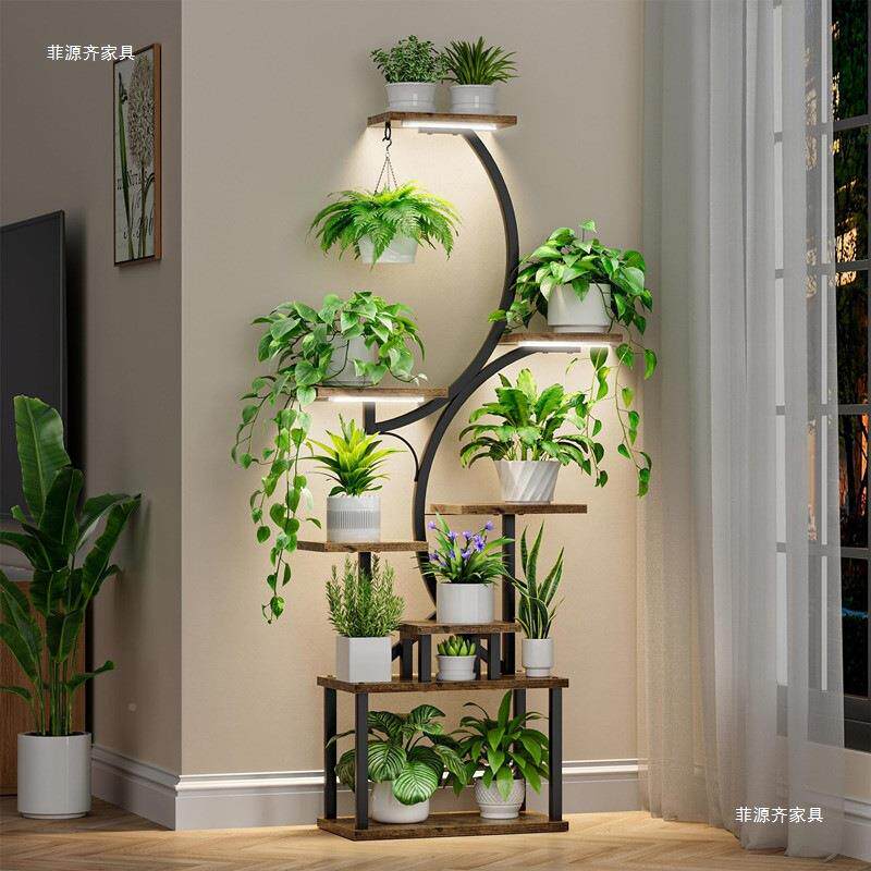ZIY植物花架S种带植灯室内客架厅阳台铁艺花盆落地式铁艺型花架子
