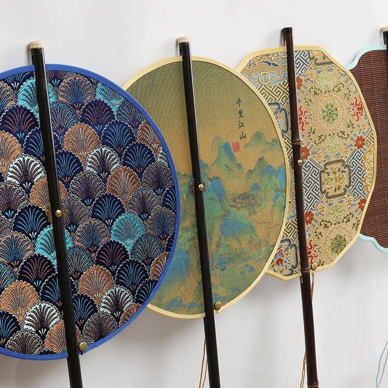 汉腰扇古风服ZHY-2212印花团扇扇旗袍腰扇长柄流苏卷曲挂长柄紫可