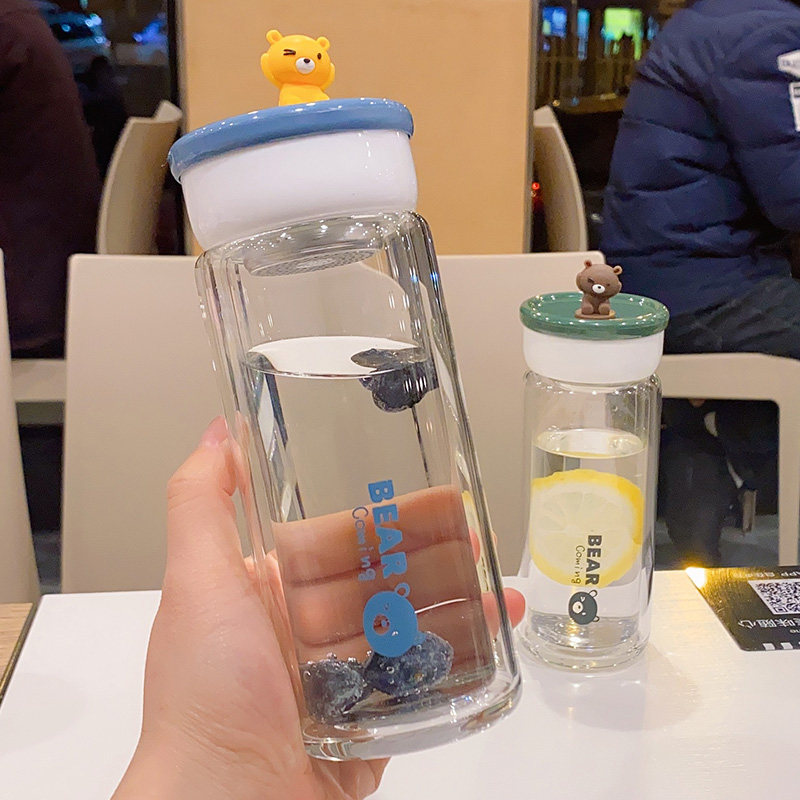 小清新耐热防爆双层玻璃杯透明可爱迷你水杯子学生少女心防漏茶杯