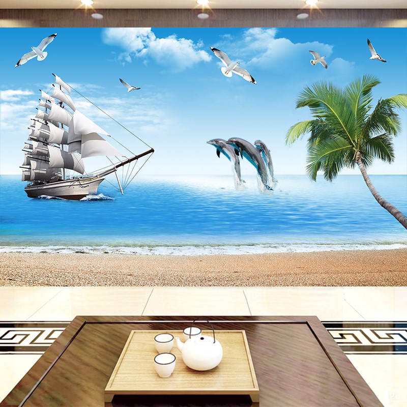 海边沙滩帆船风景3d立体壁画现代简约壁纸沙发卧室电视背景墙布